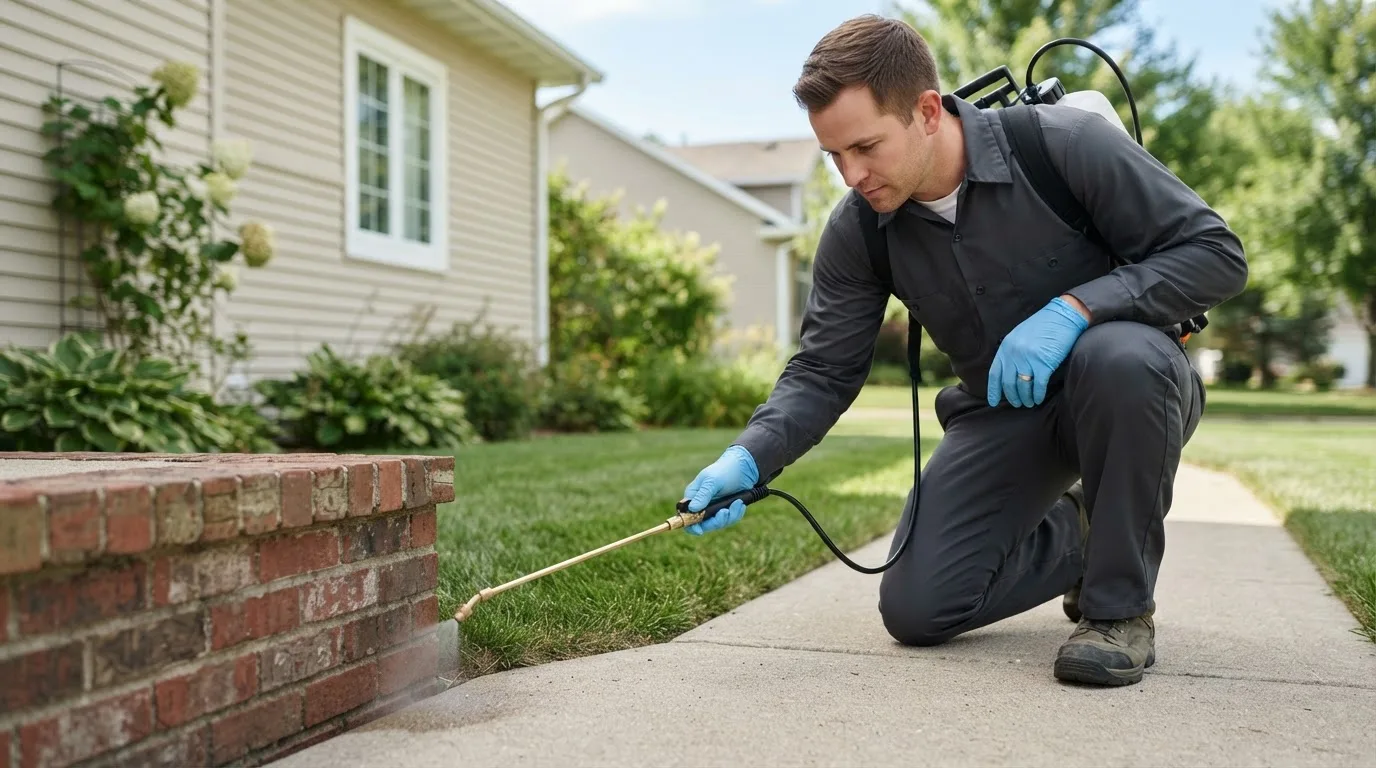 Pest control technician treating a home near Delaplaine, AR